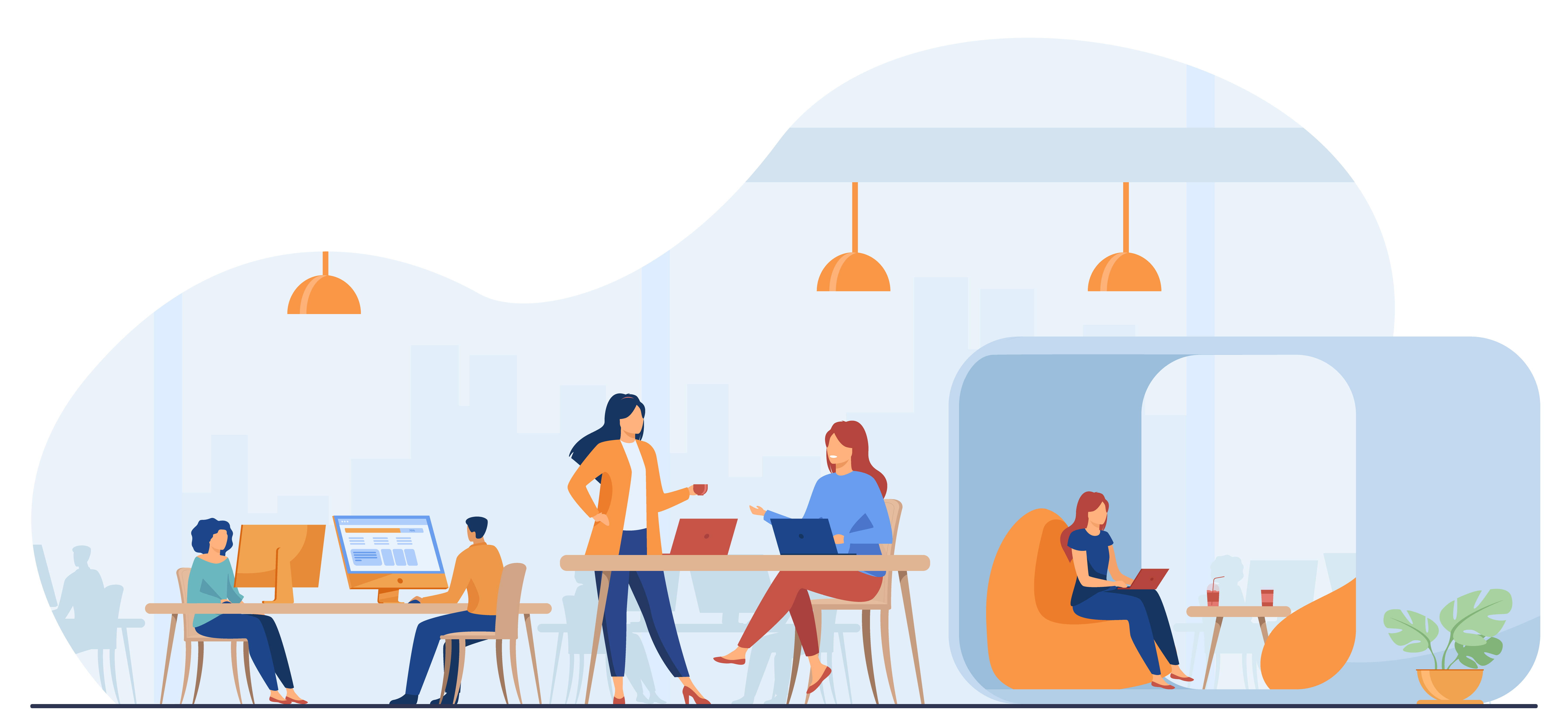 A flat illustration of people working in an office for a website design and development company in hyderabad