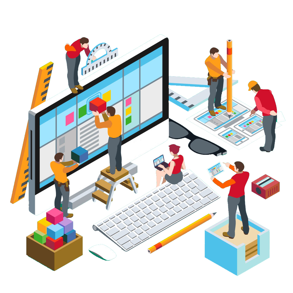 Isometric Illustration Of A Group Of People Working On A Computer At A Website Design And Development Company In Hyderabad.
