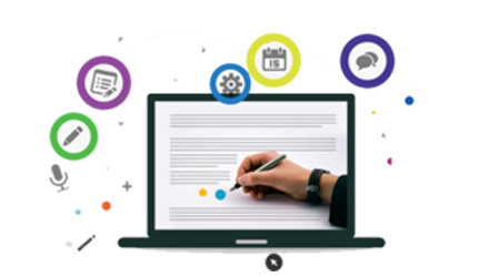 A Professional Offering The Best Content Writing Services In Hyderabad, Diligently Typing On A Laptop Surrounded By Icons.
